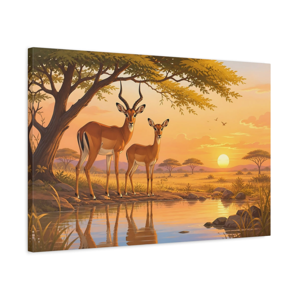 Side Mockup 2. Earthy Organic Realism Impala Pair Near Acacia Shade shown as stretched canvas wall art