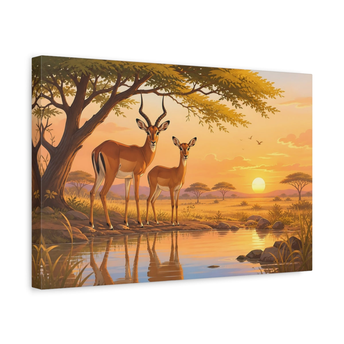Side Mockup 4. Earthy Organic Realism Impala Pair Near Acacia Shade shown as stretched canvas wall art