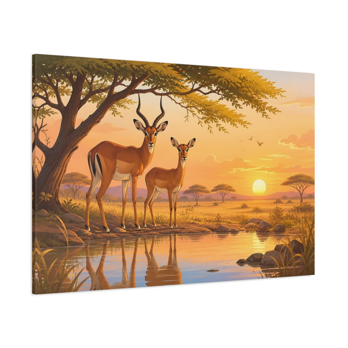 Side Mockup 1. Earthy Organic Realism Impala Pair Near Acacia Shade shown as stretched canvas wall art