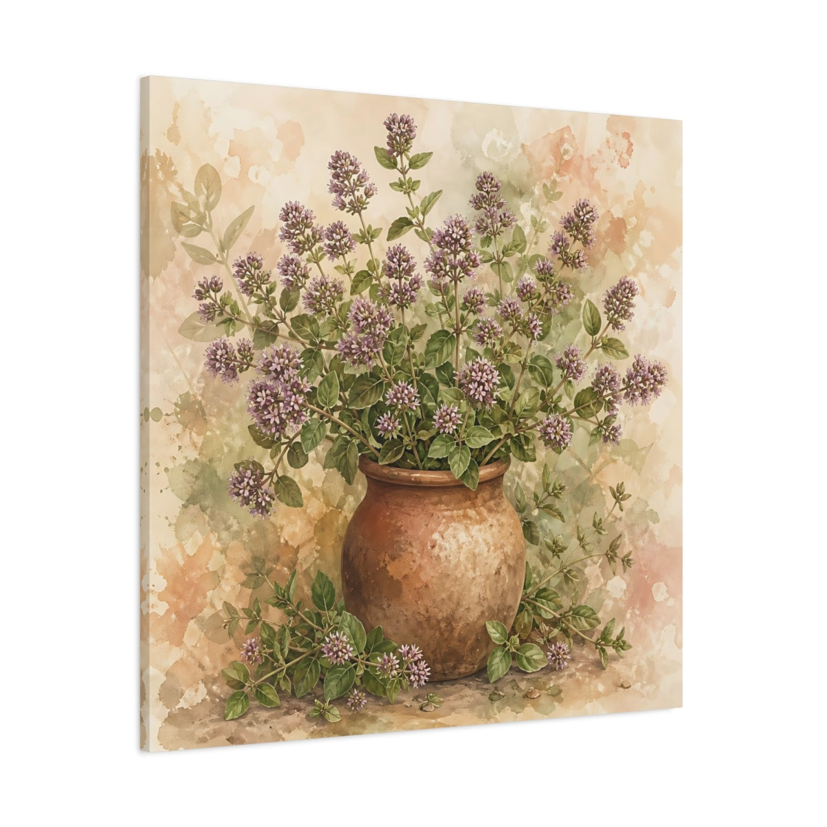 Side Mockup 1. Earthy Organic Realism Marjoram Stems In Clay Jar shown as stretched canvas wall art