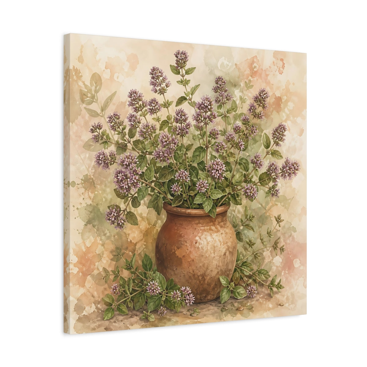 Side Mockup 4. Earthy Organic Realism Marjoram Stems In Clay Jar shown as stretched canvas wall art