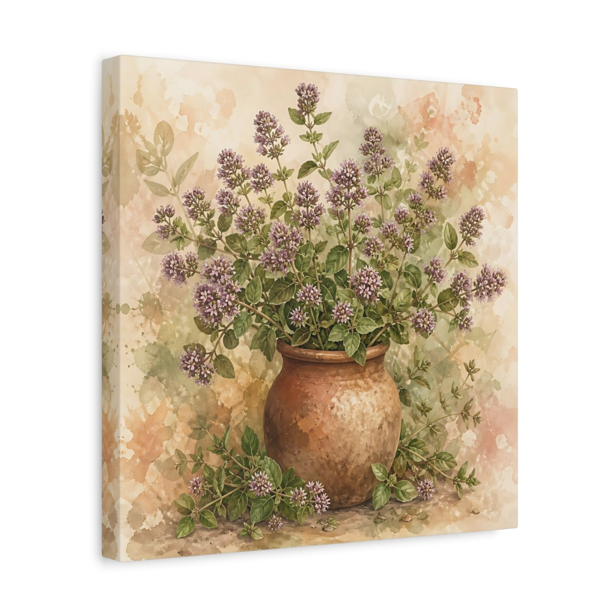 Side Mockup 7. Earthy Organic Realism Marjoram Stems In Clay Jar shown as stretched canvas wall art
