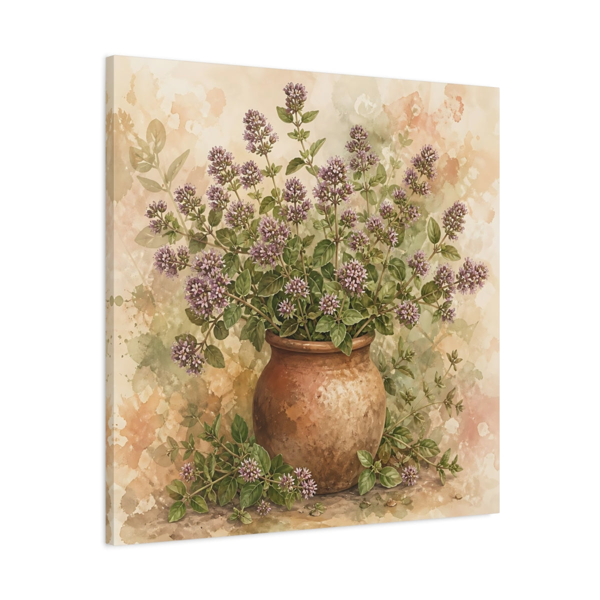 Side Mockup 3. Earthy Organic Realism Marjoram Stems In Clay Jar shown as stretched canvas wall art