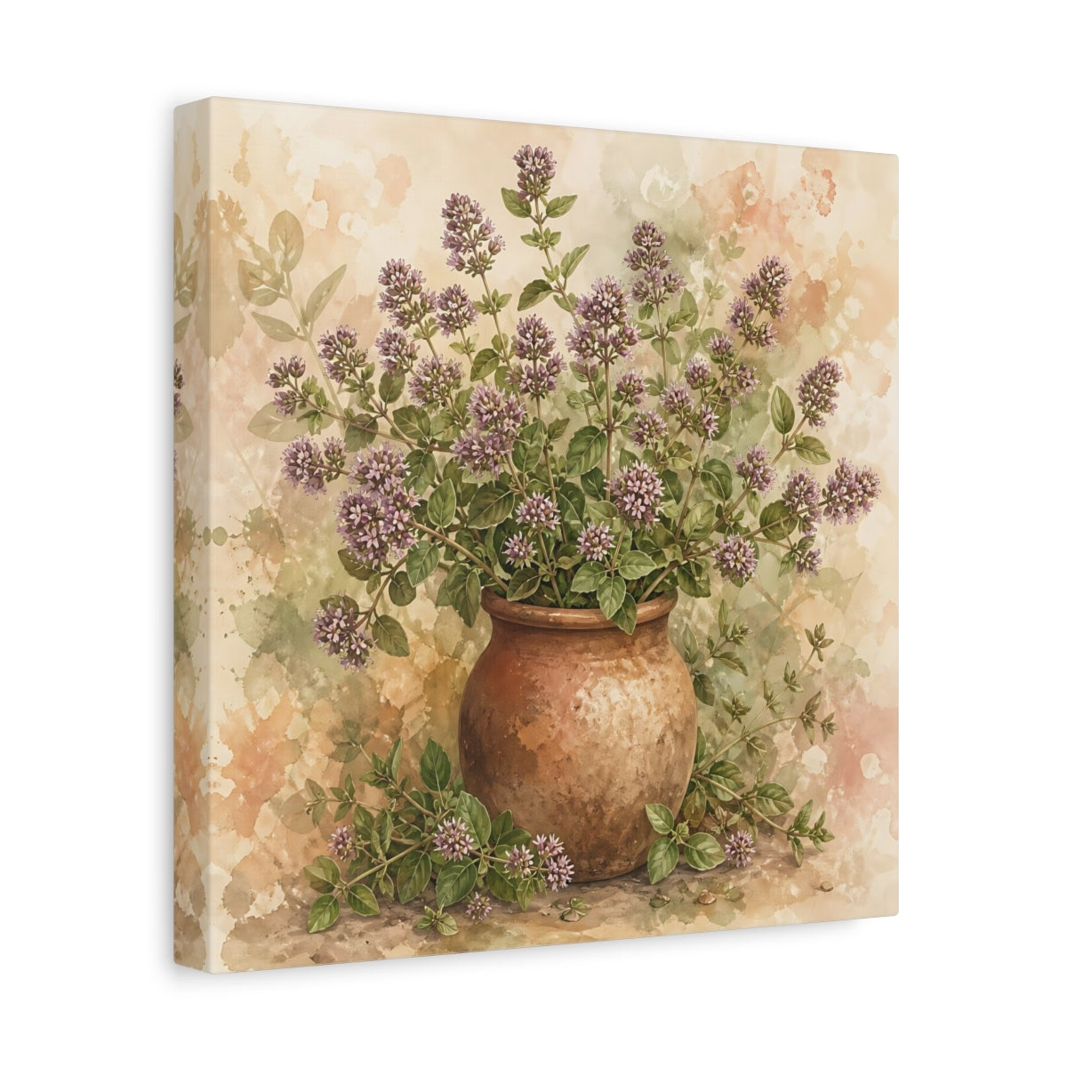 Side Mockup 8. Earthy Organic Realism Marjoram Stems In Clay Jar shown as stretched canvas wall art
