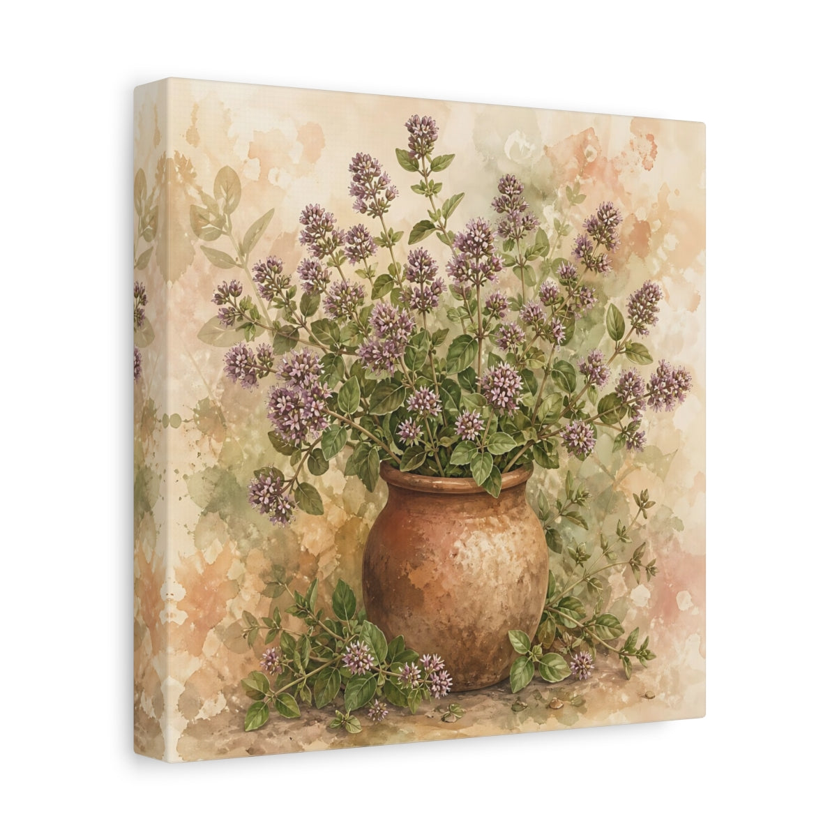 Side Mockup 9. Earthy Organic Realism Marjoram Stems In Clay Jar shown as stretched canvas wall art