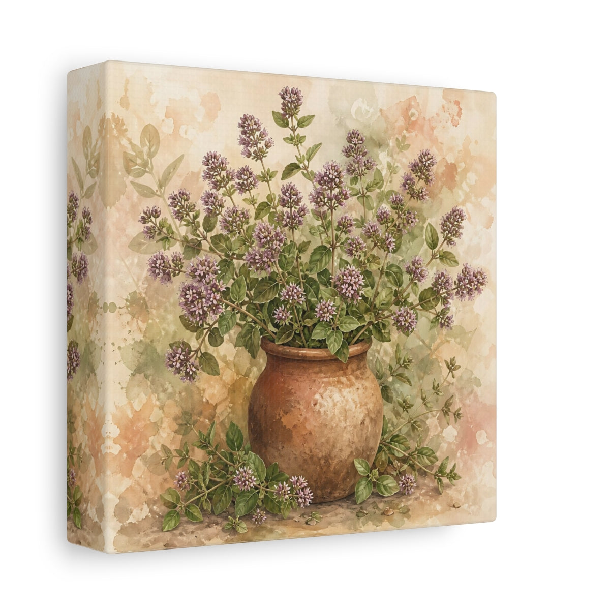 Side Mockup 2. Earthy Organic Realism Marjoram Stems In Clay Jar shown as stretched canvas wall art