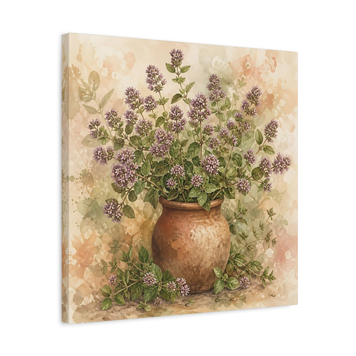 Side Mockup 5. Earthy Organic Realism Marjoram Stems In Clay Jar shown as stretched canvas wall art