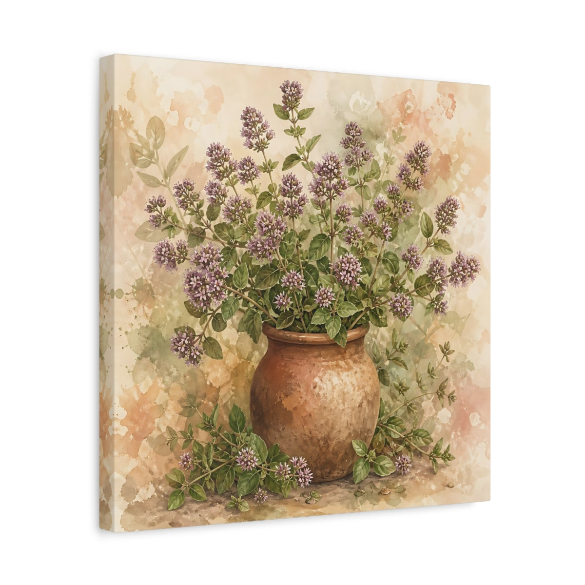 Side Mockup 6. Earthy Organic Realism Marjoram Stems In Clay Jar shown as stretched canvas wall art