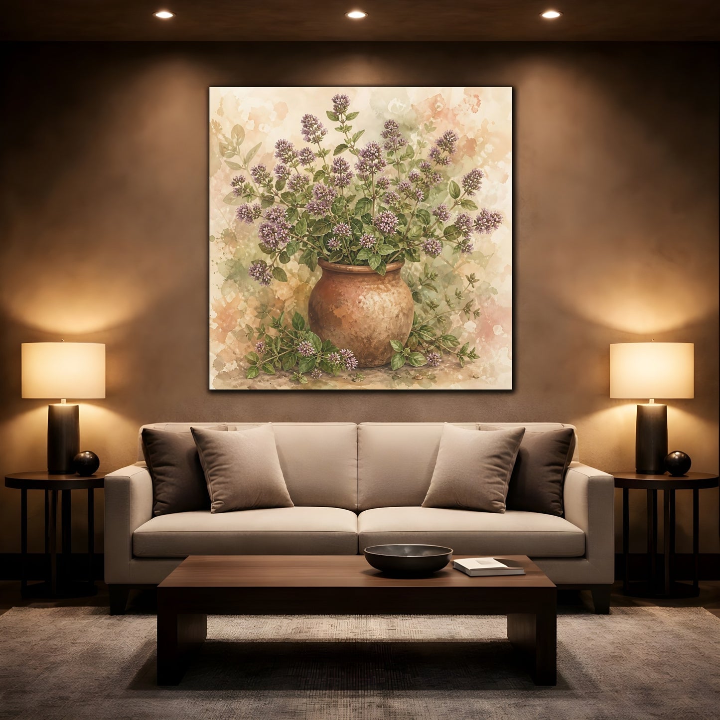 Mockup 2. Earthy Organic Realism Marjoram Stems In Clay Jar shown as stretched canvas wall art