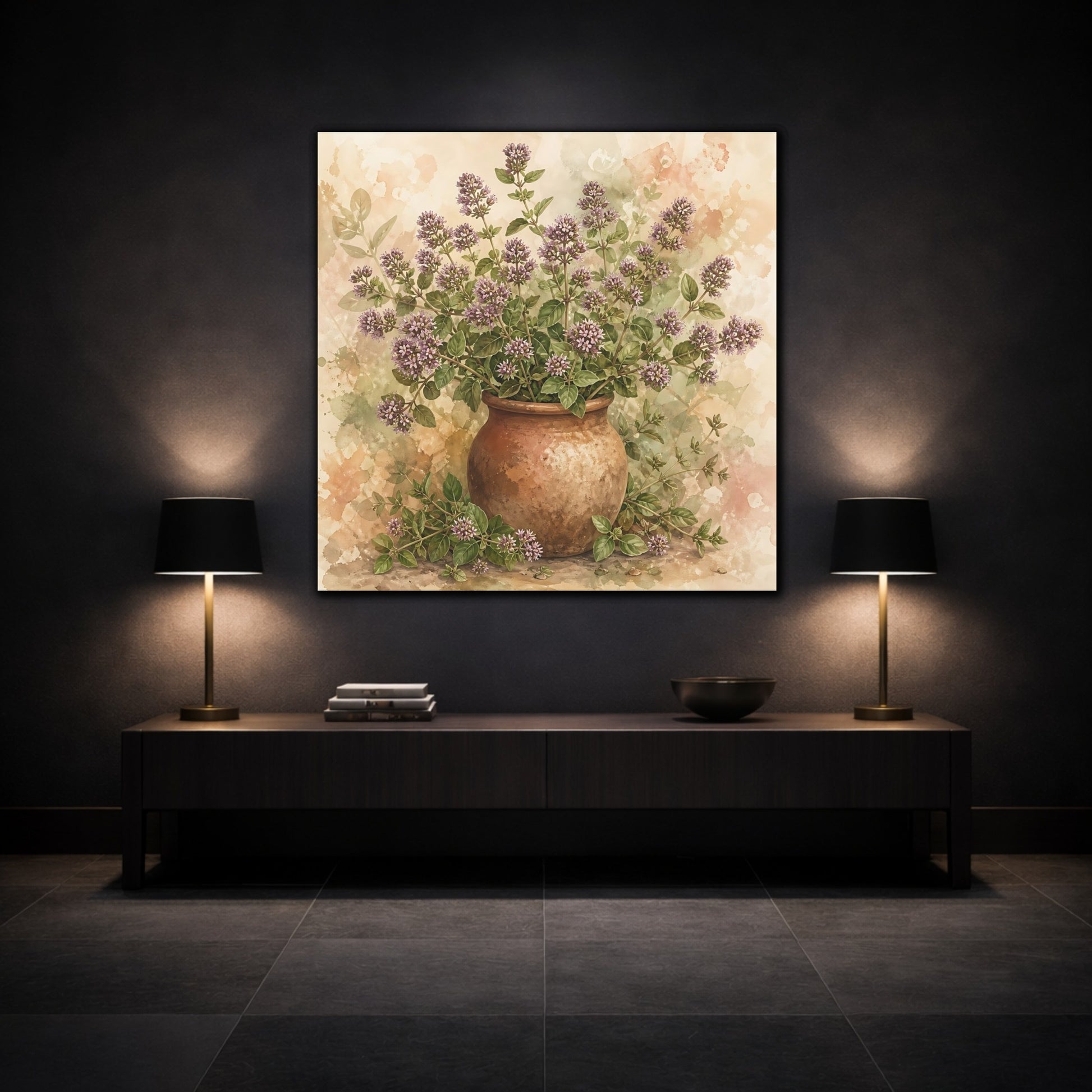 Mockup 3. Earthy Organic Realism Marjoram Stems In Clay Jar shown as stretched canvas wall art