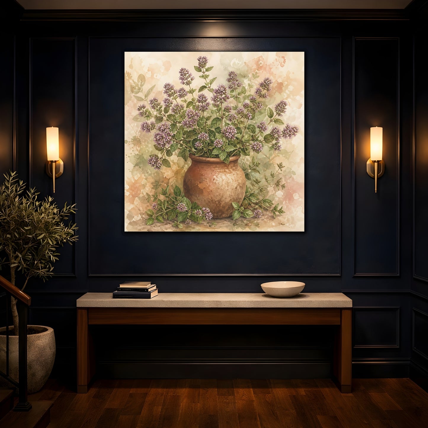 Mockup 4. Earthy Organic Realism Marjoram Stems In Clay Jar shown as stretched canvas wall art