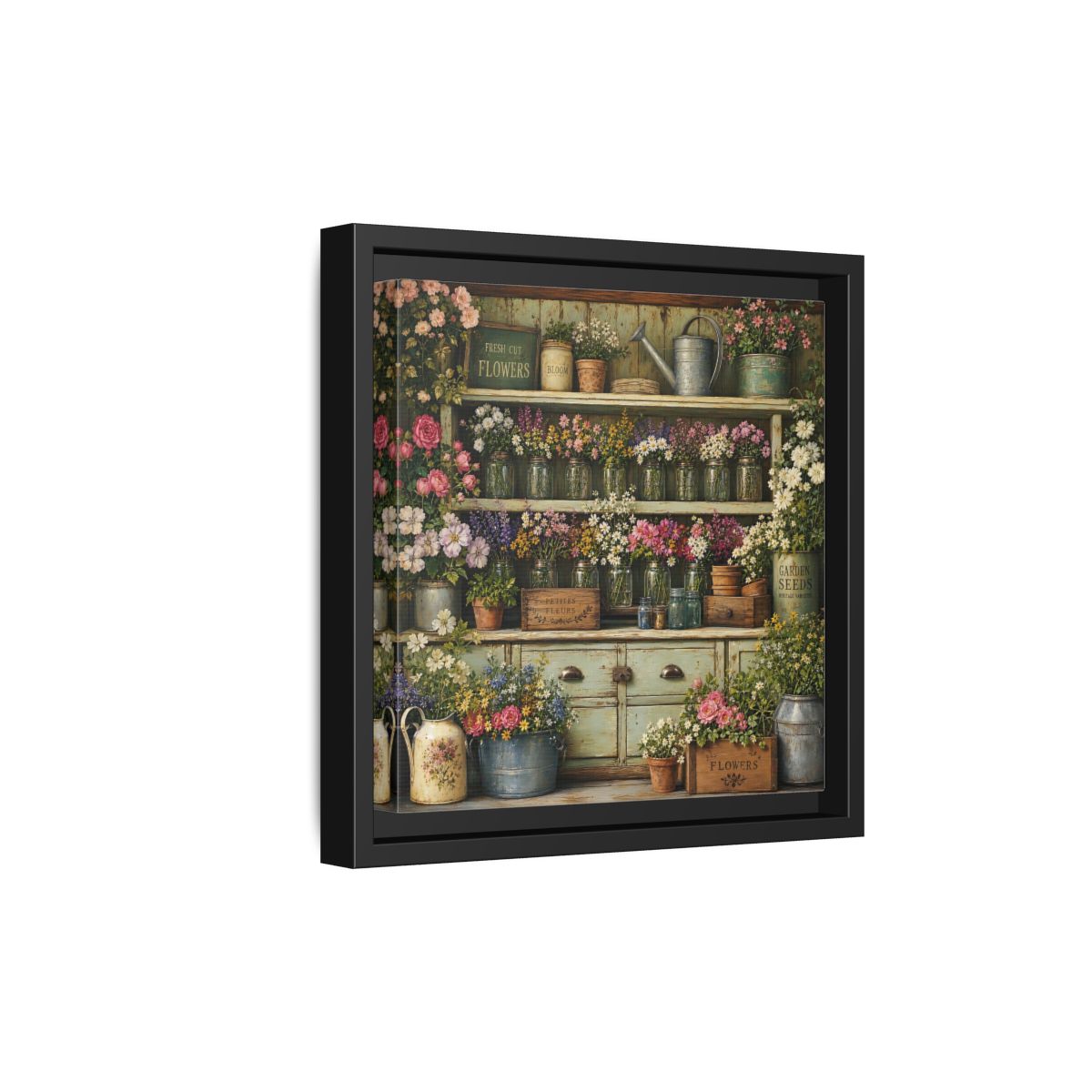 Side Mockup 21. Earthy Organic Realism Old Potting Shed With Flower Jars shown as stretched canvas wall art