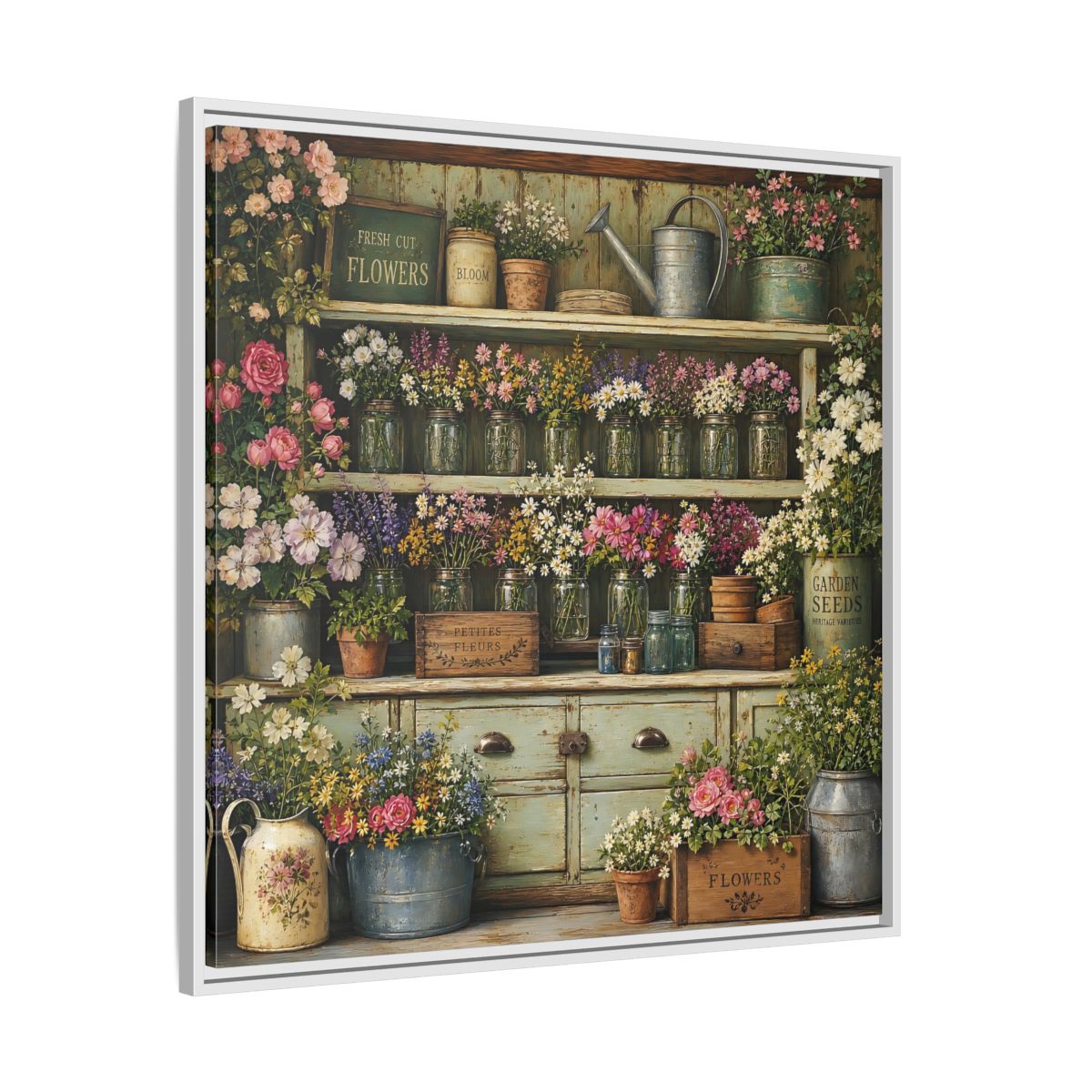 Side Mockup 25. Earthy Organic Realism Old Potting Shed With Flower Jars shown as stretched canvas wall art