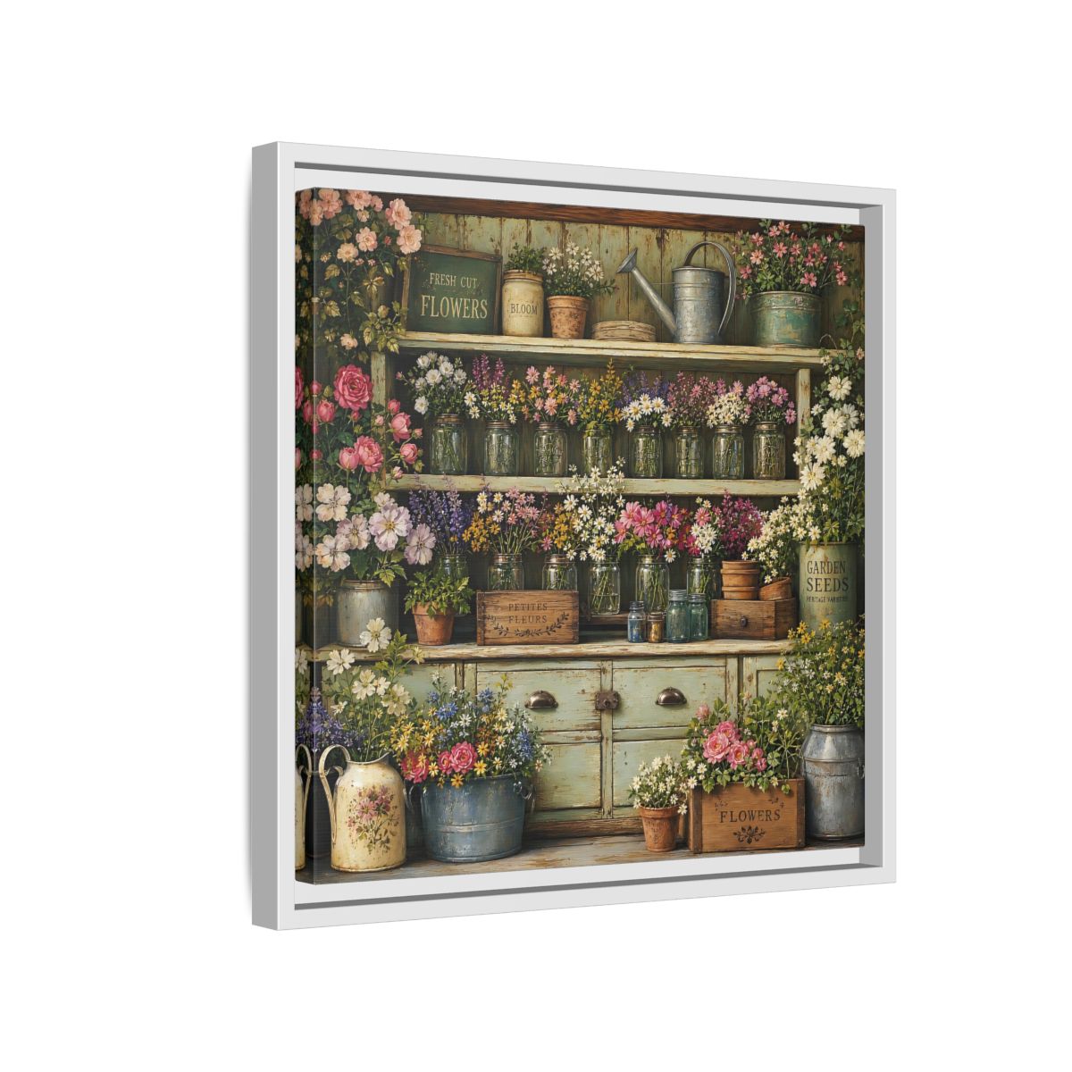 Side Mockup 13. Earthy Organic Realism Old Potting Shed With Flower Jars shown as stretched canvas wall art