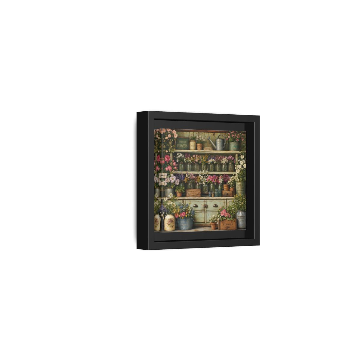 Side Mockup 24. Earthy Organic Realism Old Potting Shed With Flower Jars shown as stretched canvas wall art