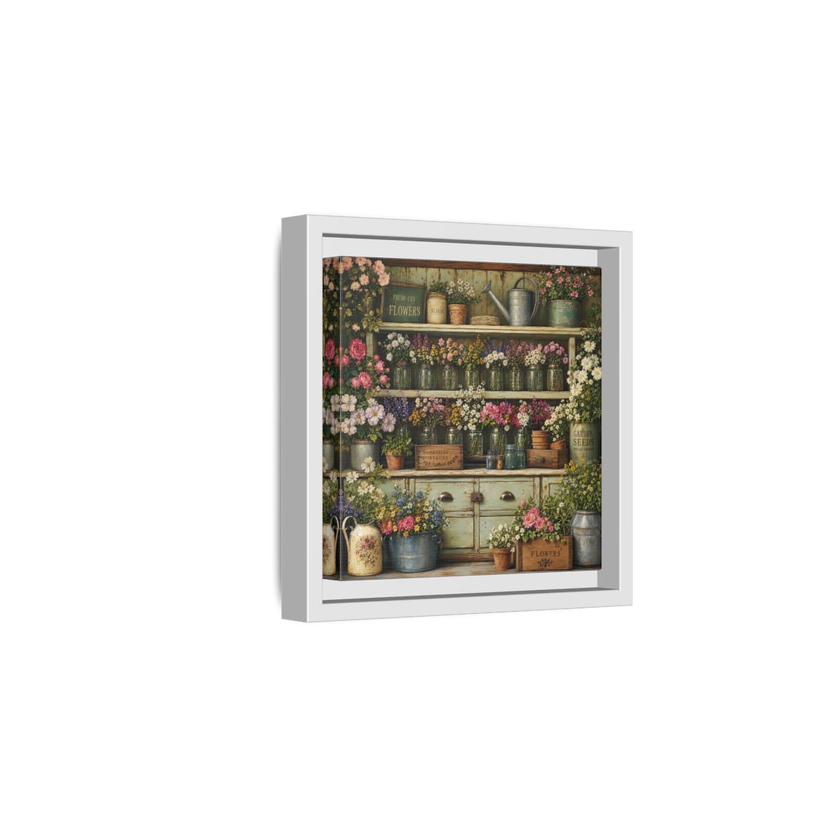 Side Mockup 1. Earthy Organic Realism Old Potting Shed With Flower Jars shown as stretched canvas wall art