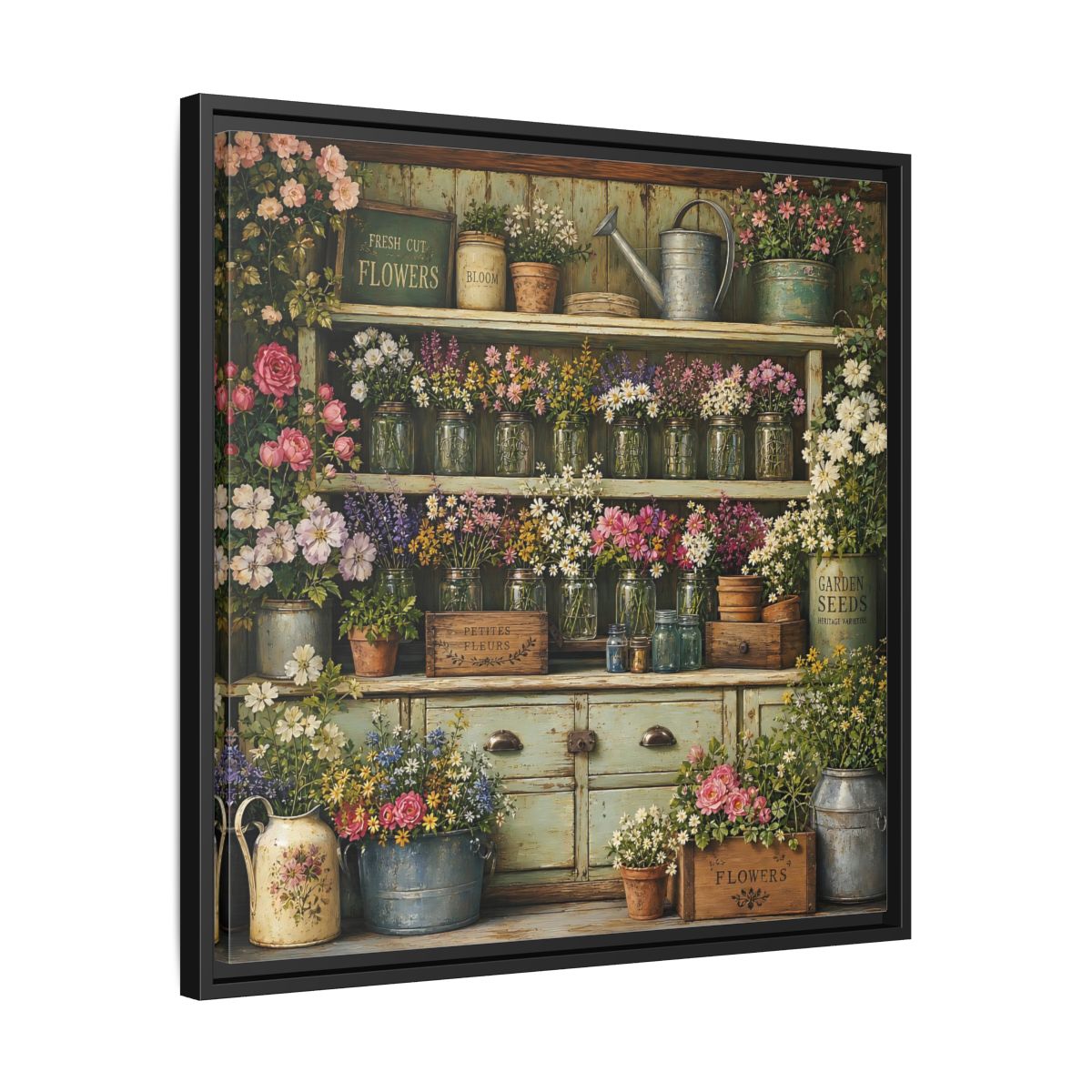 Side Mockup 31. Earthy Organic Realism Old Potting Shed With Flower Jars shown as stretched canvas wall art