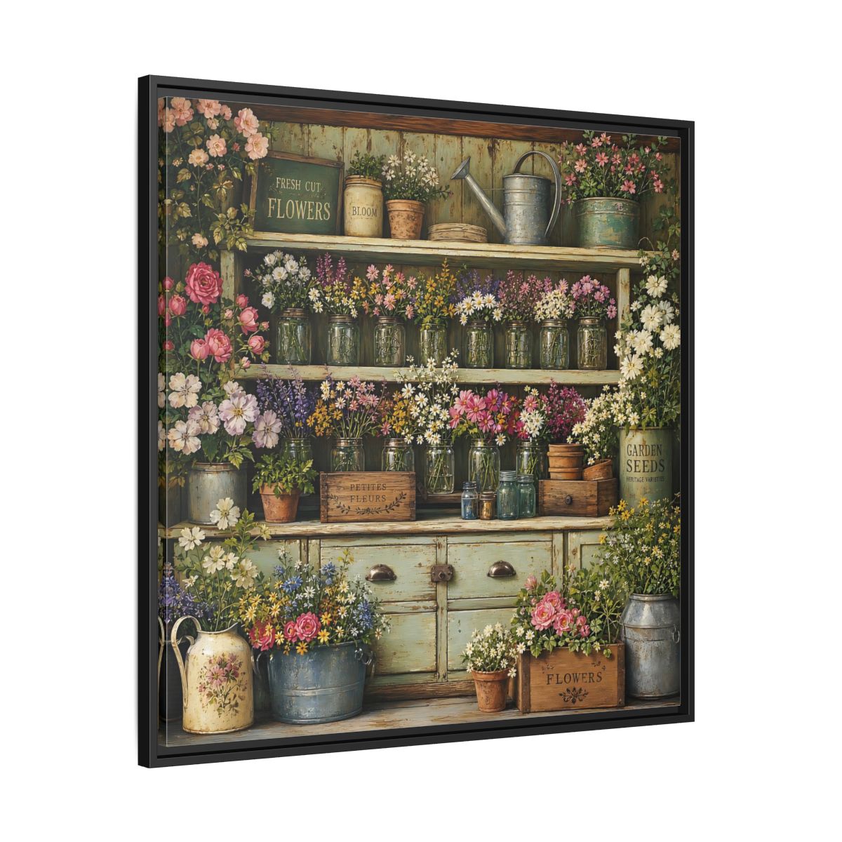 Side Mockup 30. Earthy Organic Realism Old Potting Shed With Flower Jars shown as stretched canvas wall art