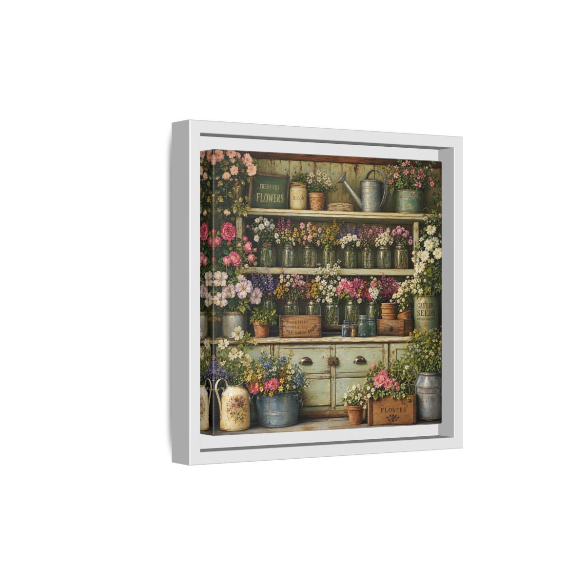 Side Mockup 19. Earthy Organic Realism Old Potting Shed With Flower Jars shown as stretched canvas wall art