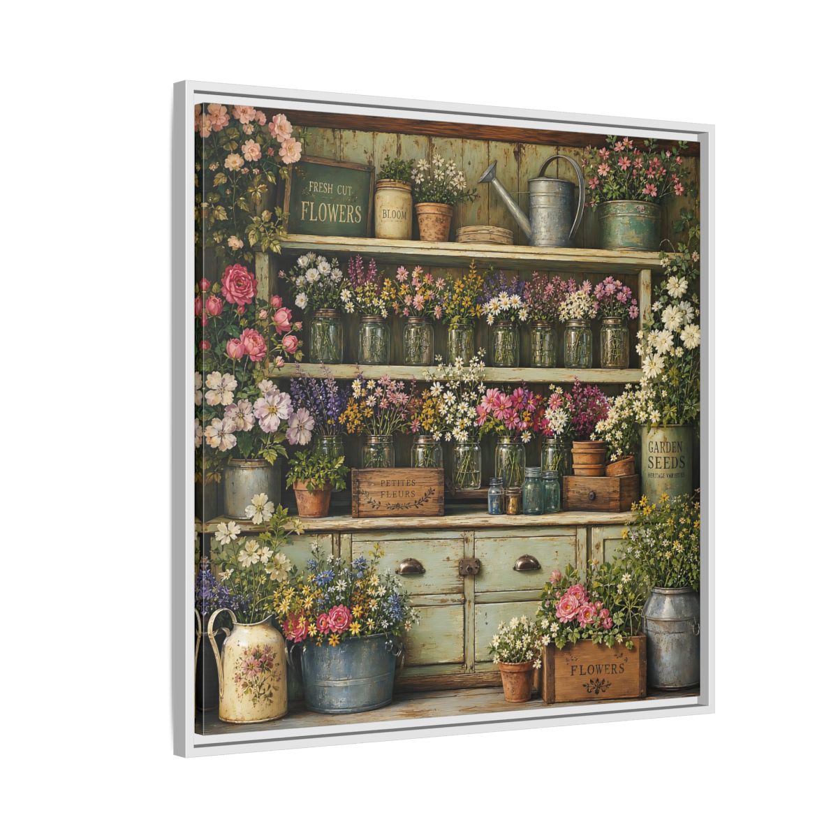Side Mockup 7. Earthy Organic Realism Old Potting Shed With Flower Jars shown as stretched canvas wall art