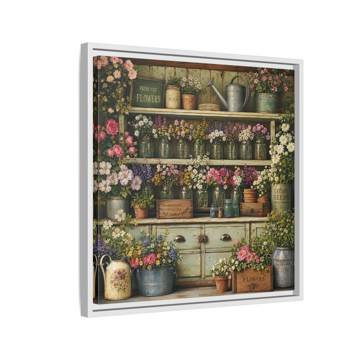 Side Mockup 10. Earthy Organic Realism Old Potting Shed With Flower Jars shown as stretched canvas wall art