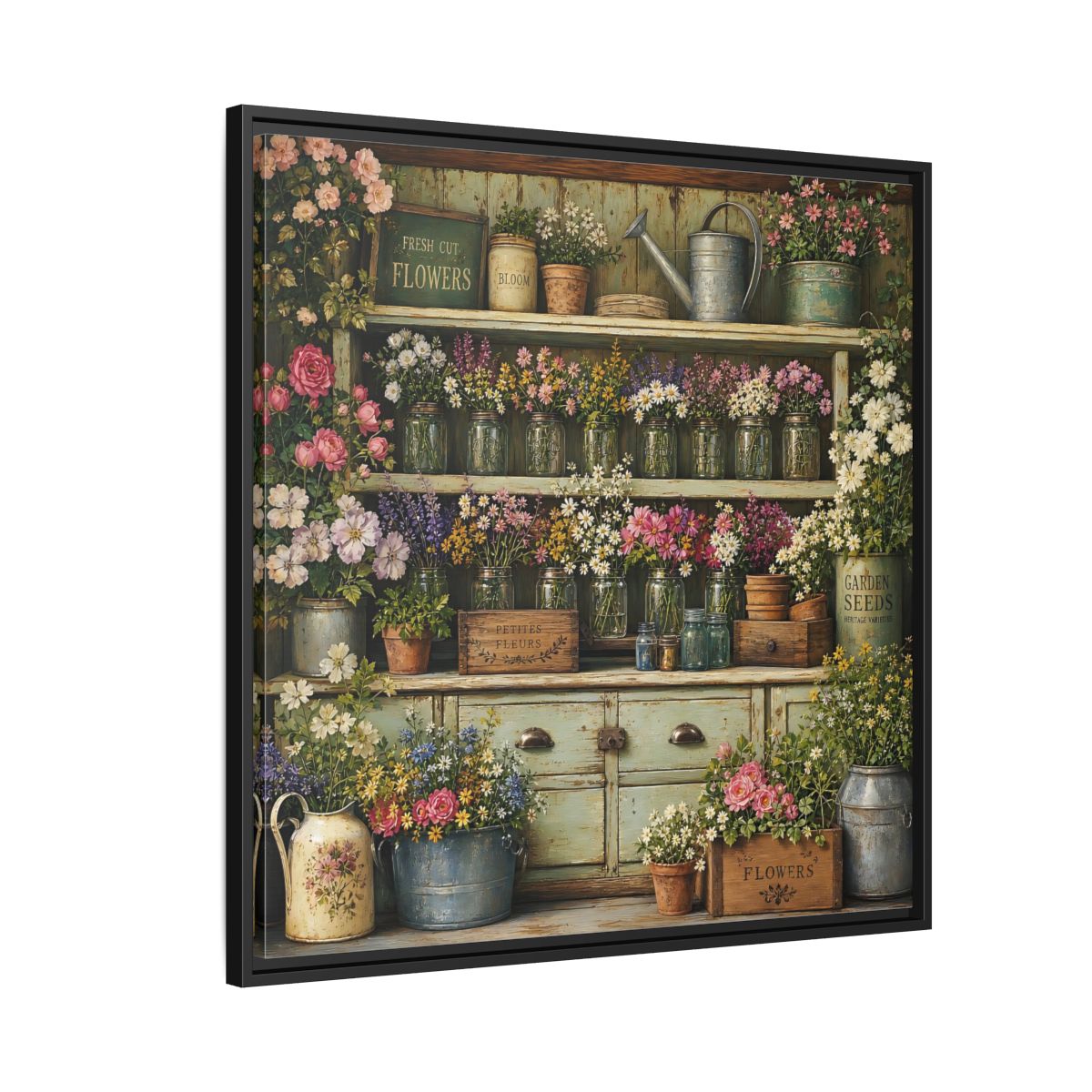 Side Mockup 9. Earthy Organic Realism Old Potting Shed With Flower Jars shown as stretched canvas wall art