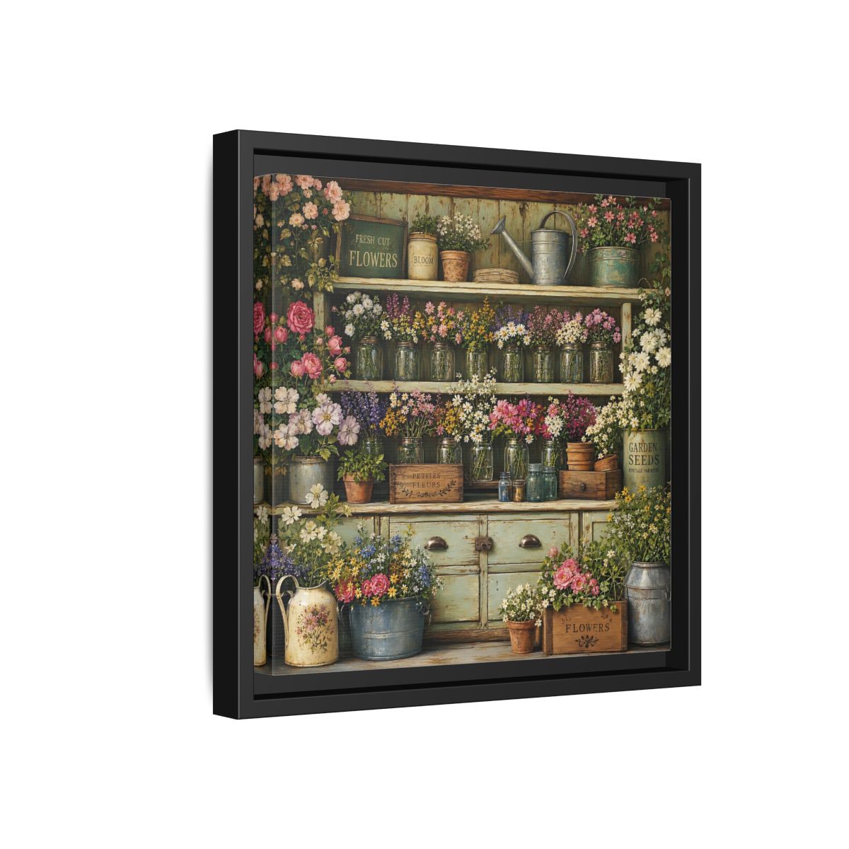 Side Mockup 18. Earthy Organic Realism Old Potting Shed With Flower Jars shown as stretched canvas wall art