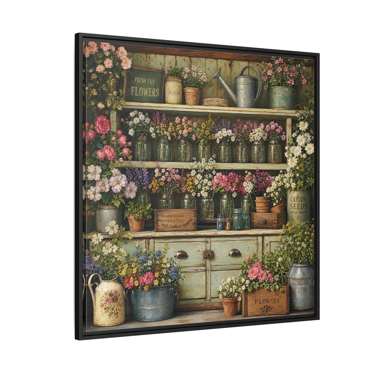 Side Mockup 6. Earthy Organic Realism Old Potting Shed With Flower Jars shown as stretched canvas wall art