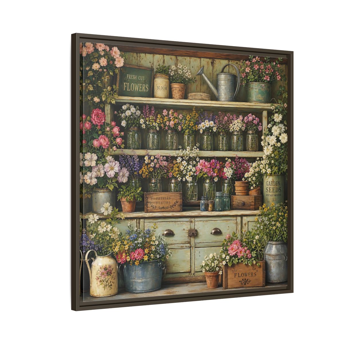 Side Mockup 8. Earthy Organic Realism Old Potting Shed With Flower Jars shown as stretched canvas wall art