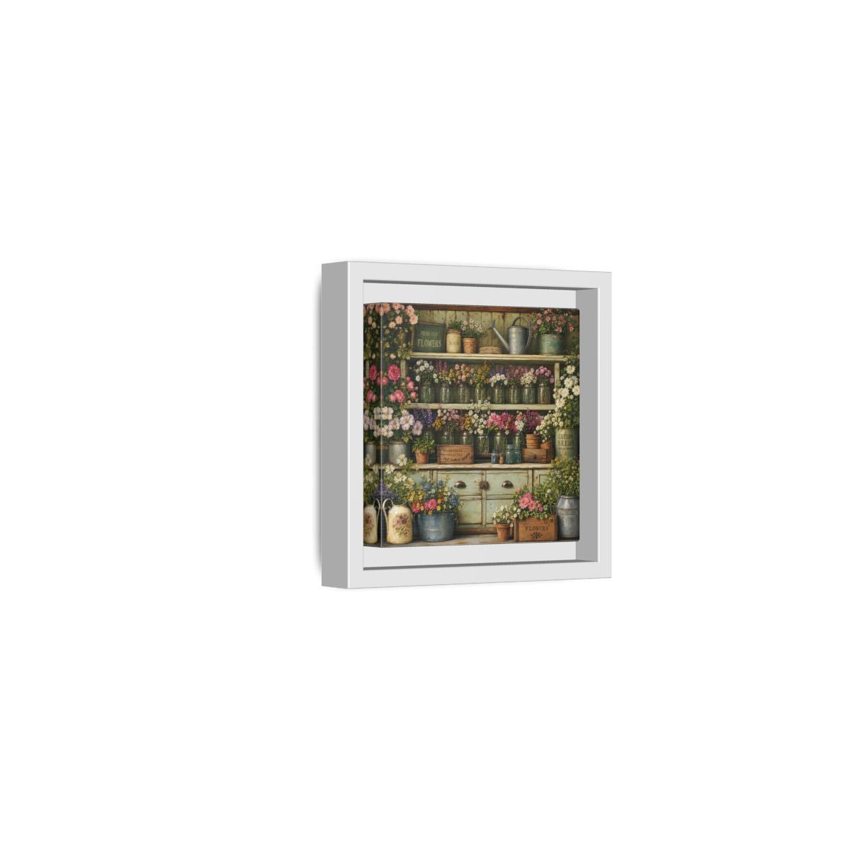 Side Mockup 22. Earthy Organic Realism Old Potting Shed With Flower Jars shown as stretched canvas wall art