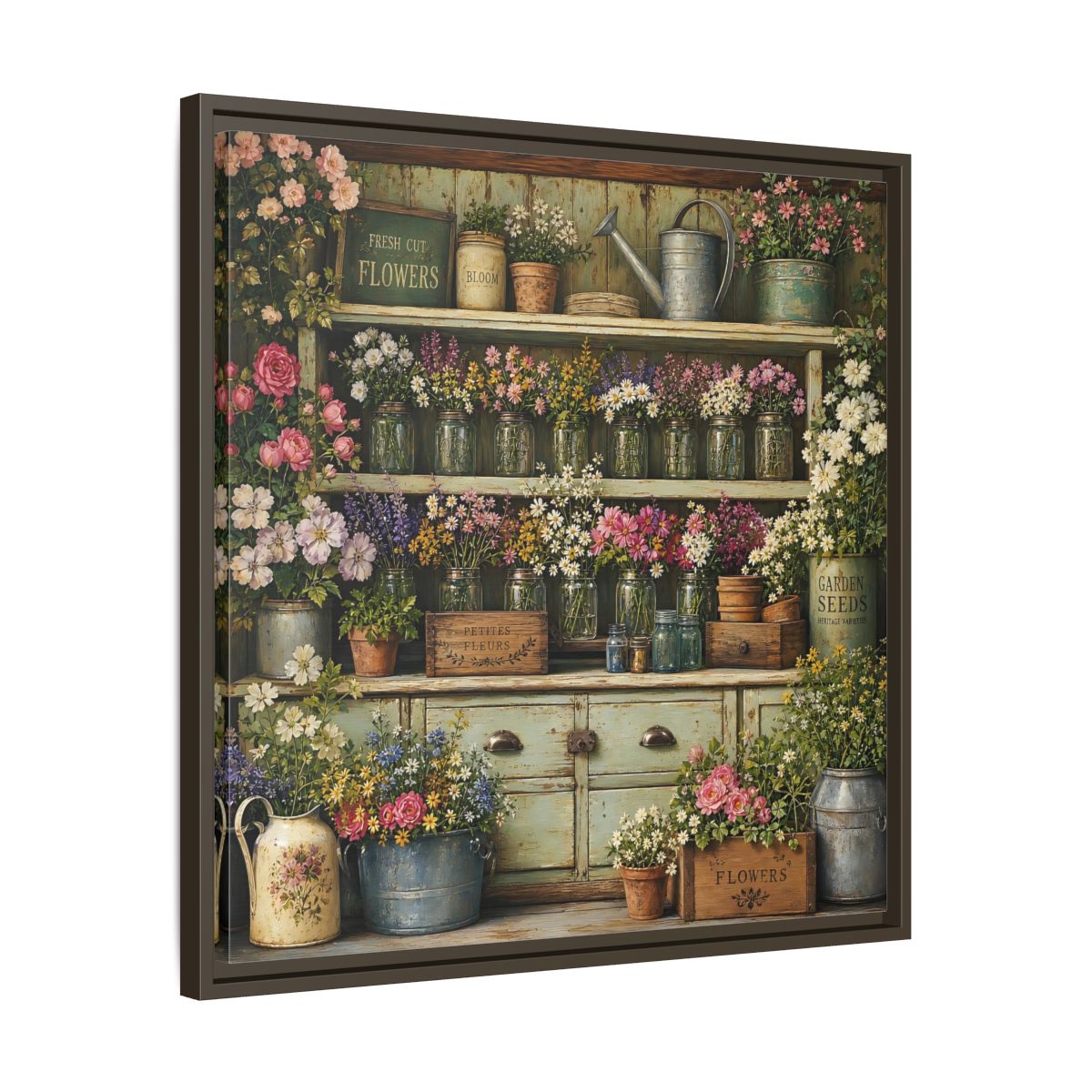 Side Mockup 27. Earthy Organic Realism Old Potting Shed With Flower Jars shown as stretched canvas wall art