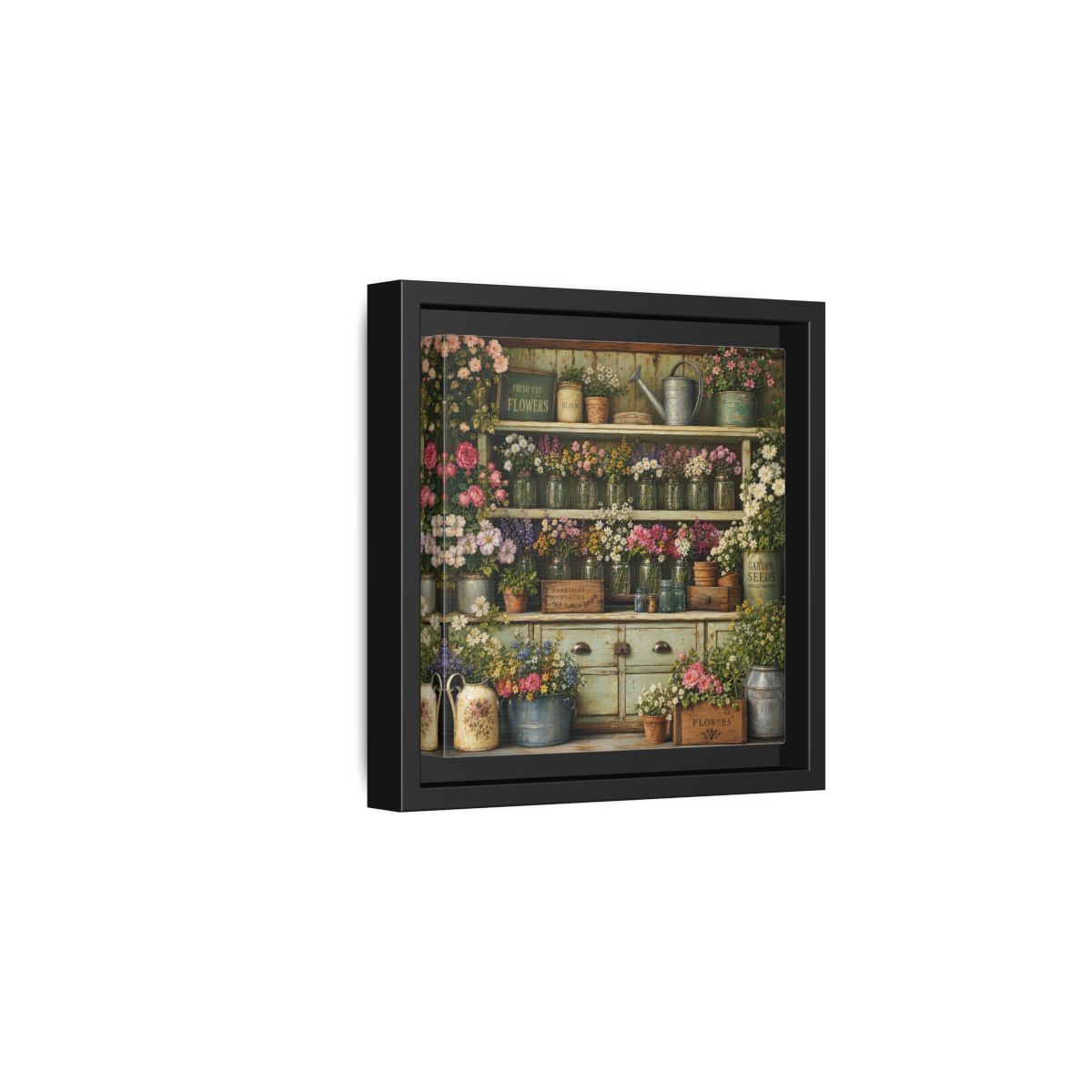Side Mockup 3. Earthy Organic Realism Old Potting Shed With Flower Jars shown as stretched canvas wall art