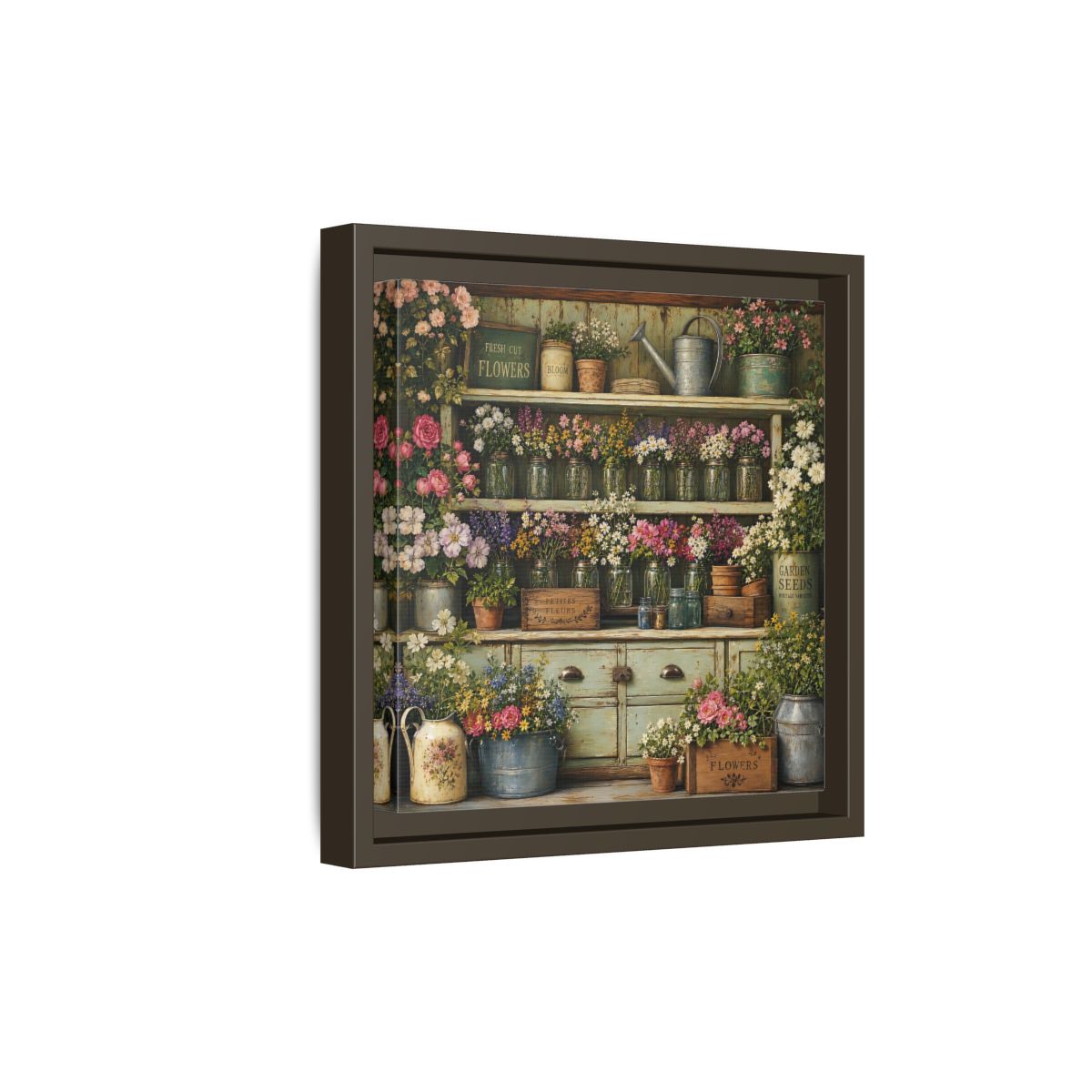 Side Mockup 20. Earthy Organic Realism Old Potting Shed With Flower Jars shown as stretched canvas wall art