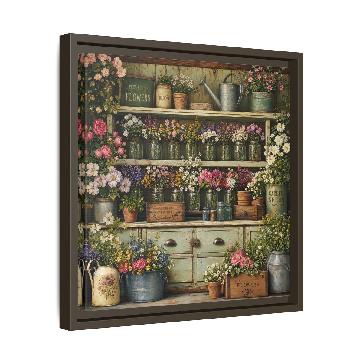Side Mockup 29. Earthy Organic Realism Old Potting Shed With Flower Jars shown as stretched canvas wall art