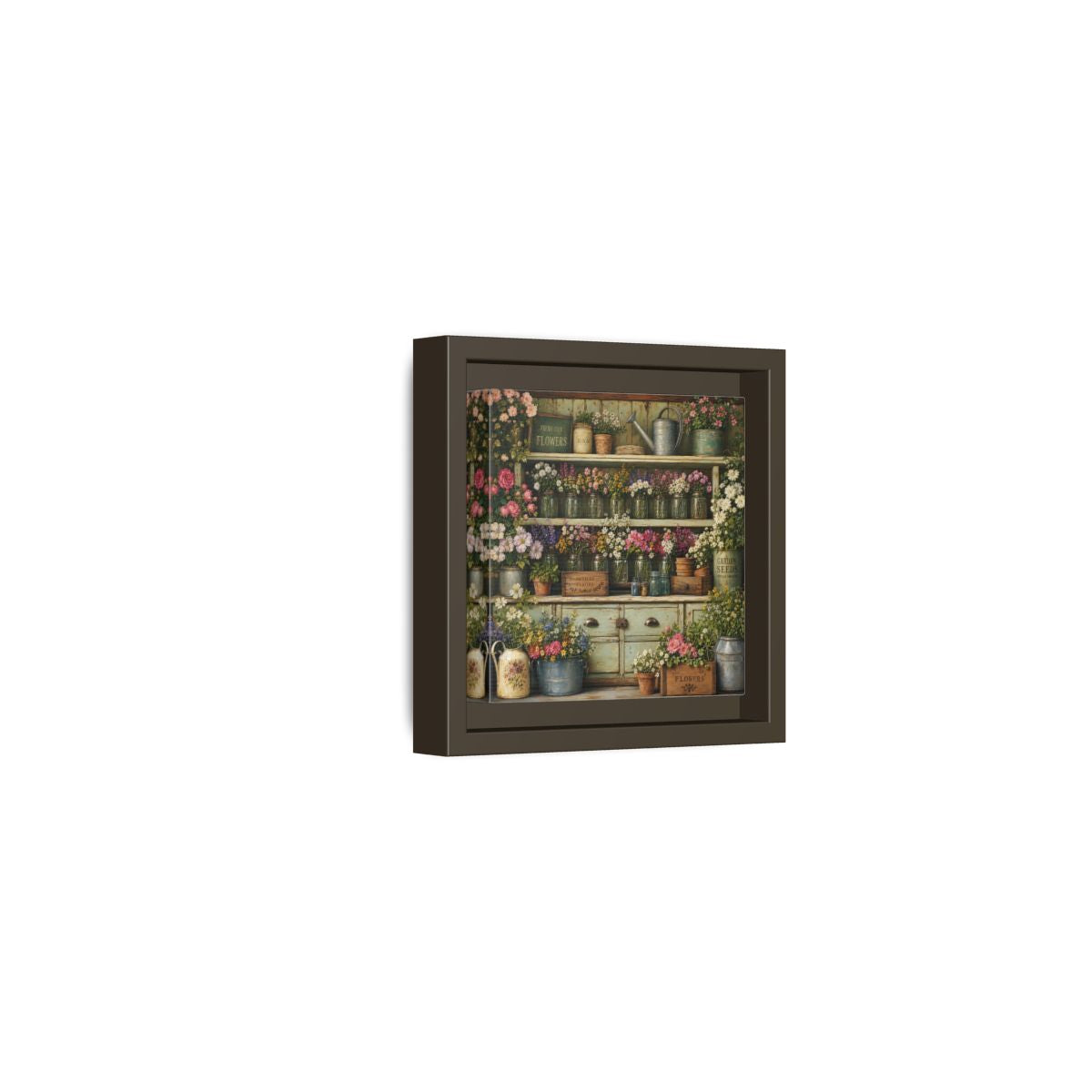 Side Mockup 23. Earthy Organic Realism Old Potting Shed With Flower Jars shown as stretched canvas wall art