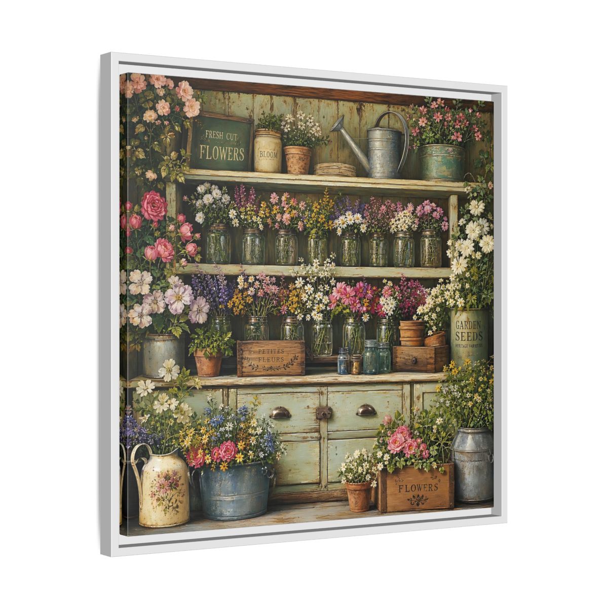 Side Mockup 26. Earthy Organic Realism Old Potting Shed With Flower Jars shown as stretched canvas wall art