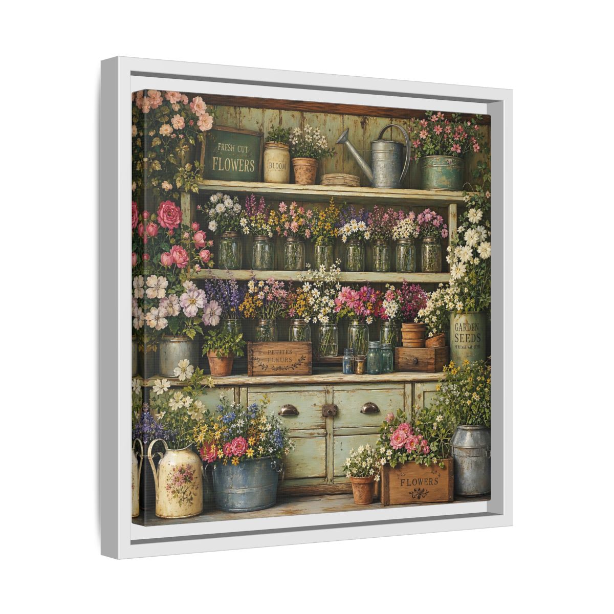 Side Mockup 28. Earthy Organic Realism Old Potting Shed With Flower Jars shown as stretched canvas wall art