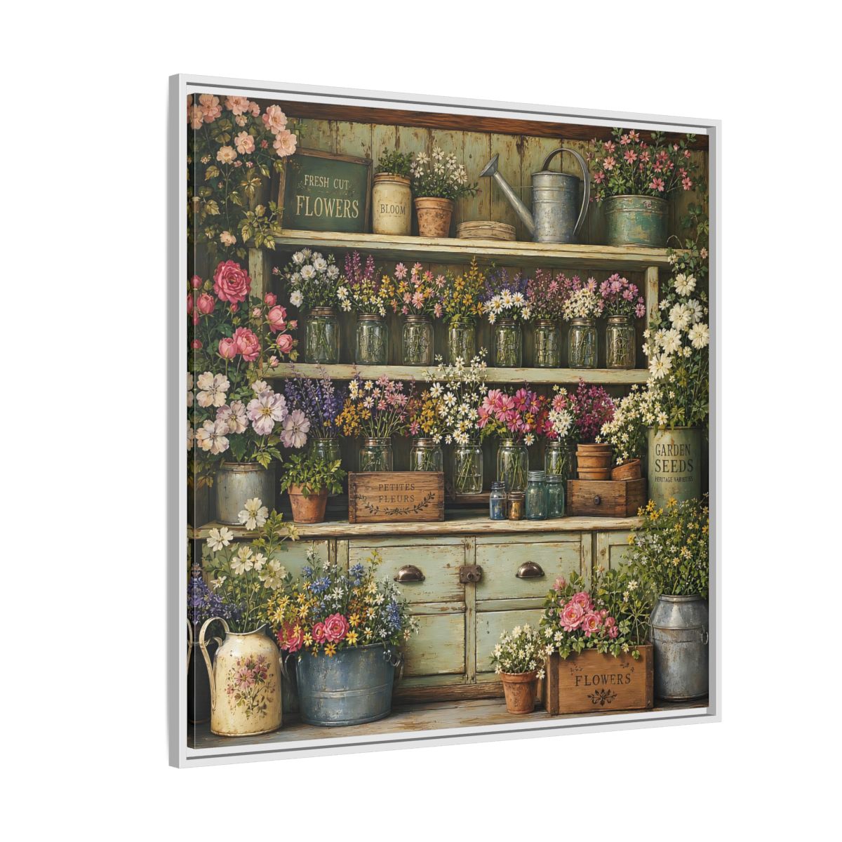 Side Mockup 4. Earthy Organic Realism Old Potting Shed With Flower Jars shown as stretched canvas wall art