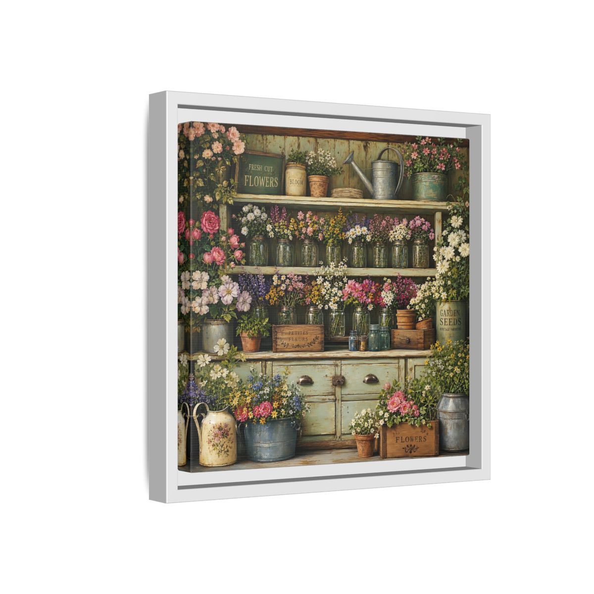 Side Mockup 16. Earthy Organic Realism Old Potting Shed With Flower Jars shown as stretched canvas wall art