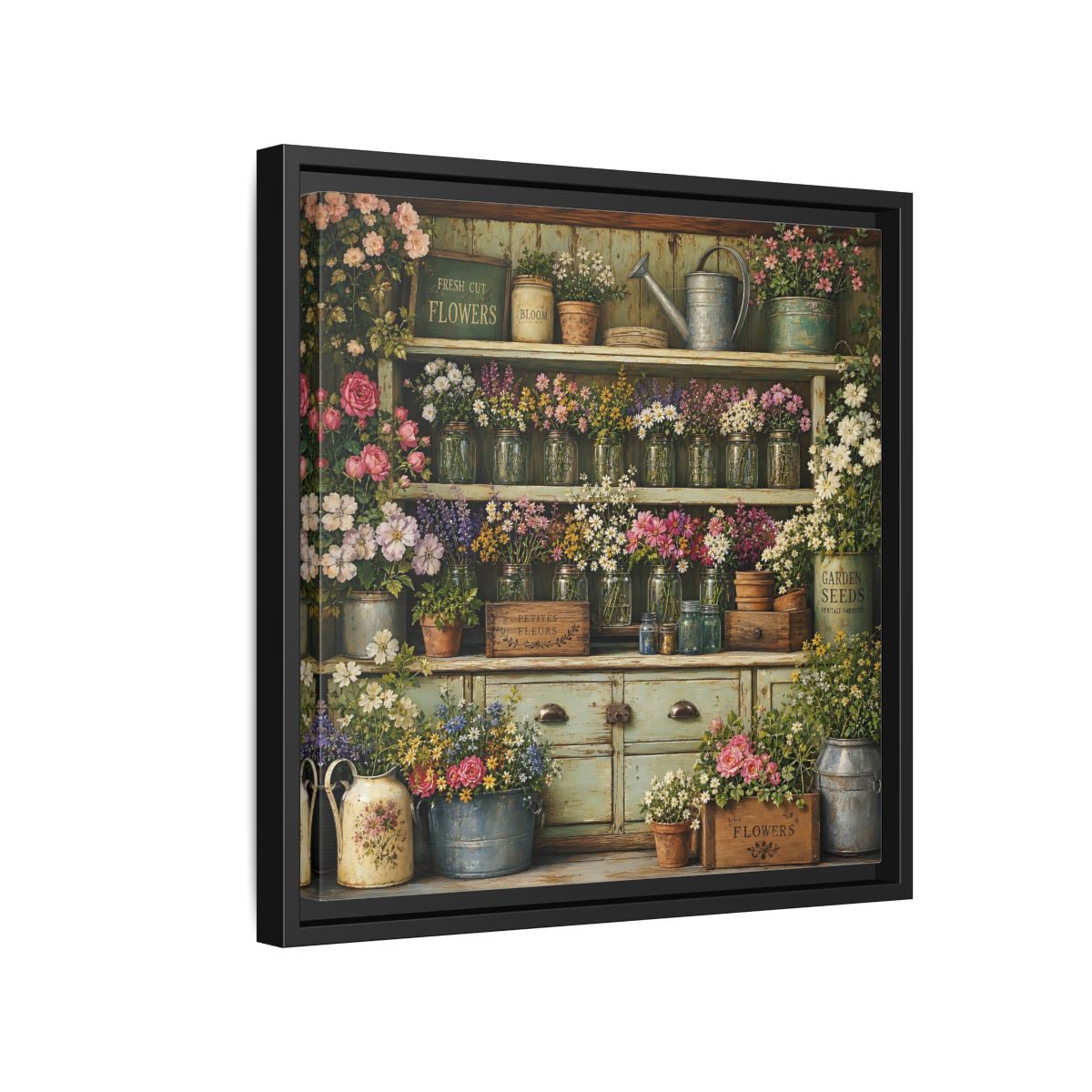 Side Mockup 15. Earthy Organic Realism Old Potting Shed With Flower Jars shown as stretched canvas wall art