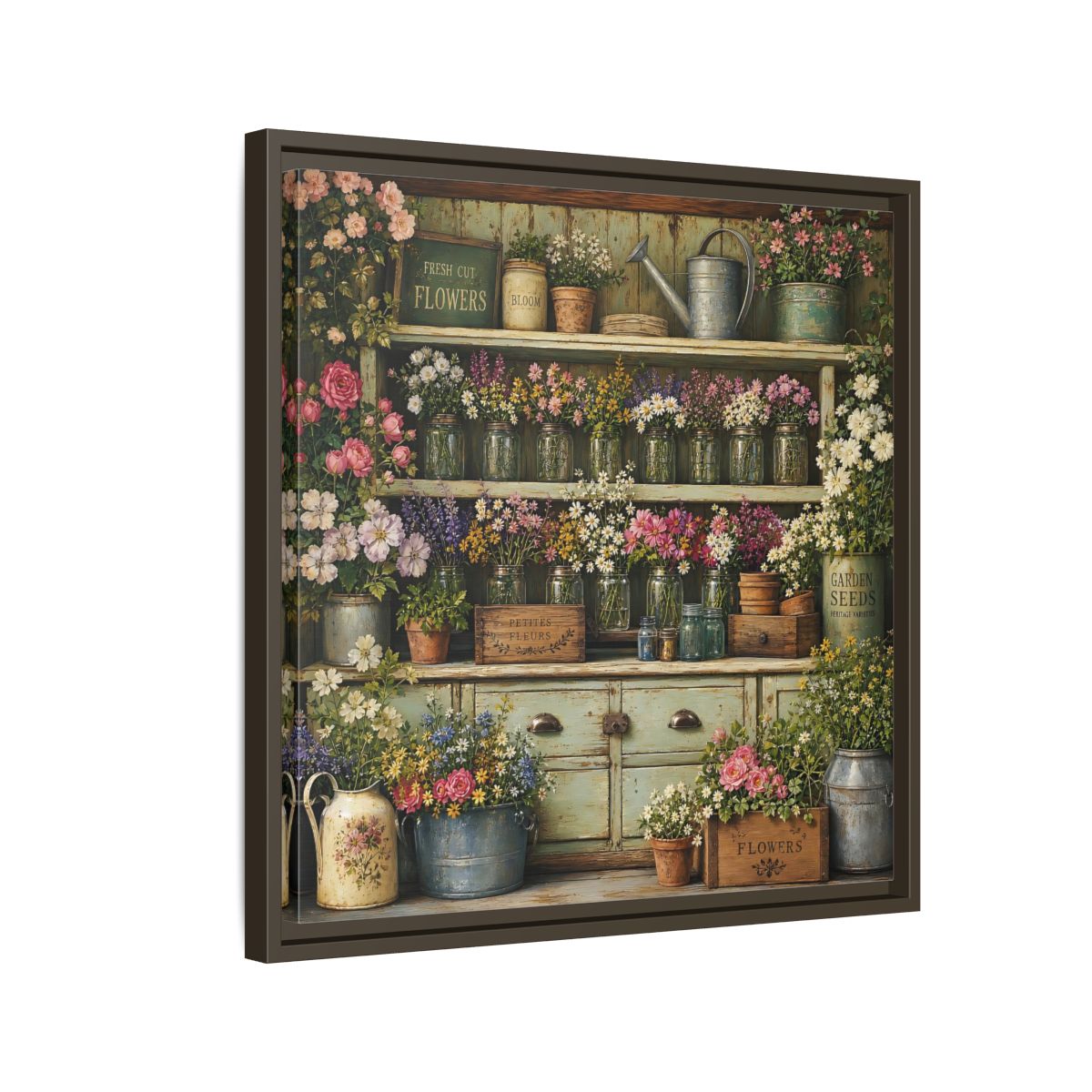 Side Mockup 11. Earthy Organic Realism Old Potting Shed With Flower Jars shown as stretched canvas wall art