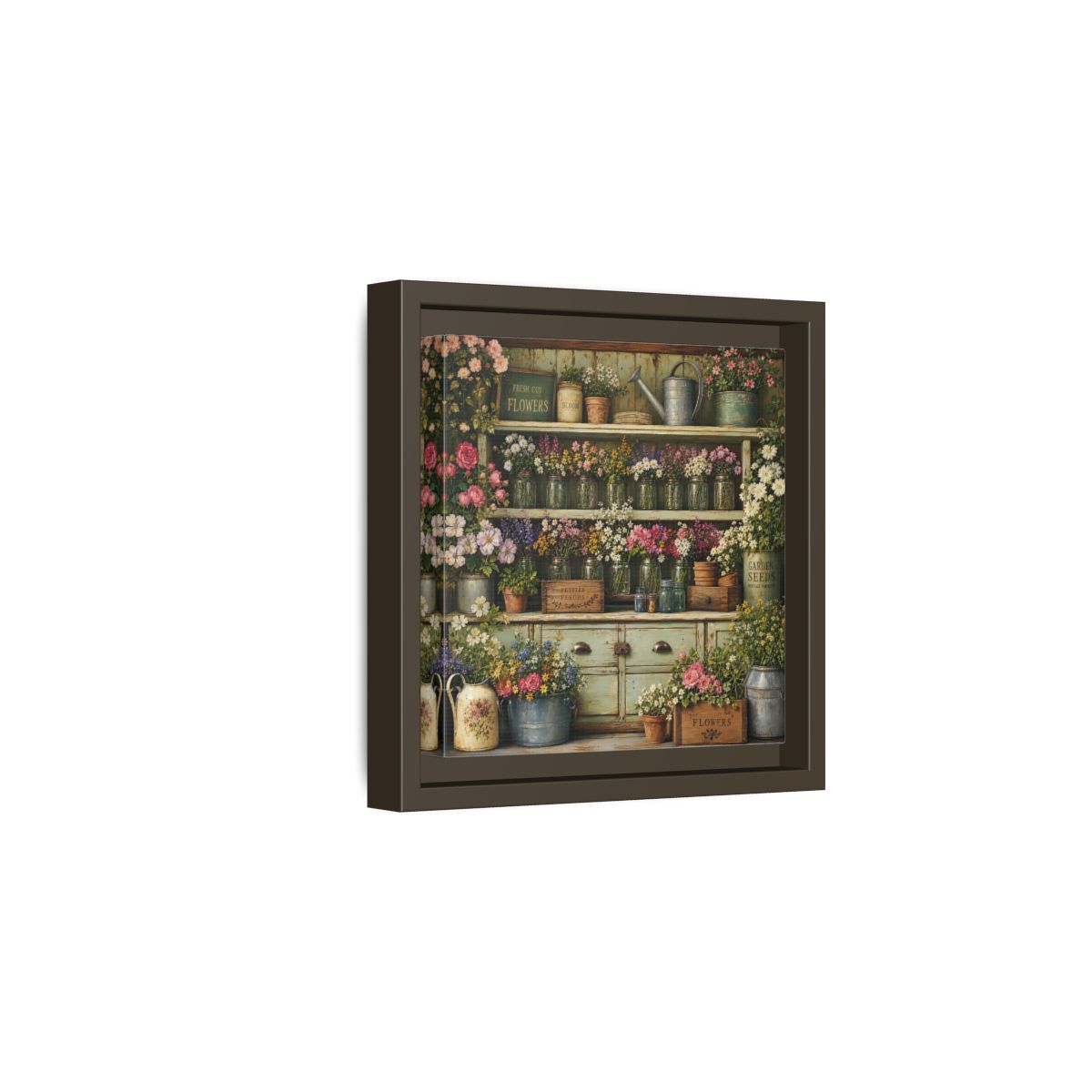 Side Mockup 2. Earthy Organic Realism Old Potting Shed With Flower Jars shown as stretched canvas wall art