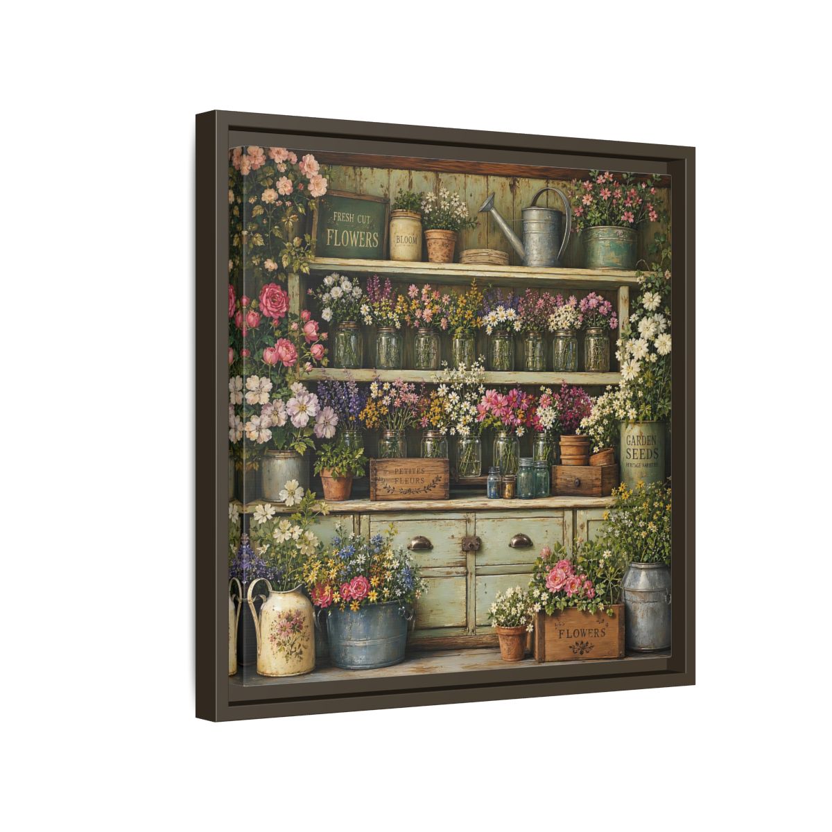 Side Mockup 14. Earthy Organic Realism Old Potting Shed With Flower Jars shown as stretched canvas wall art