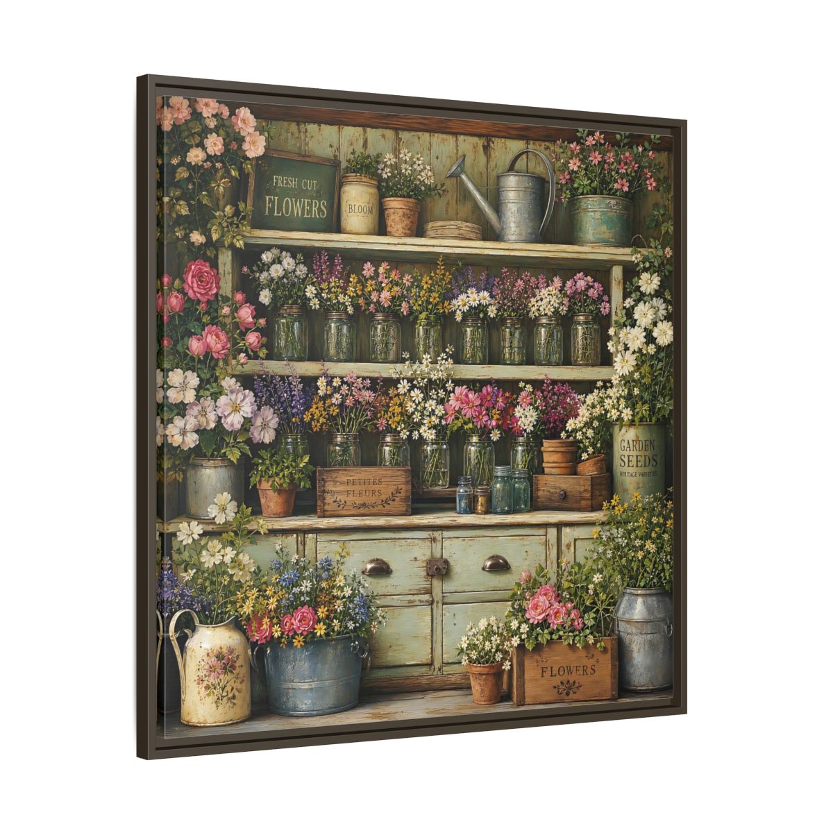 Main Mockup. Earthy Organic Realism Old Potting Shed With Flower Jars shown as stretched canvas wall art