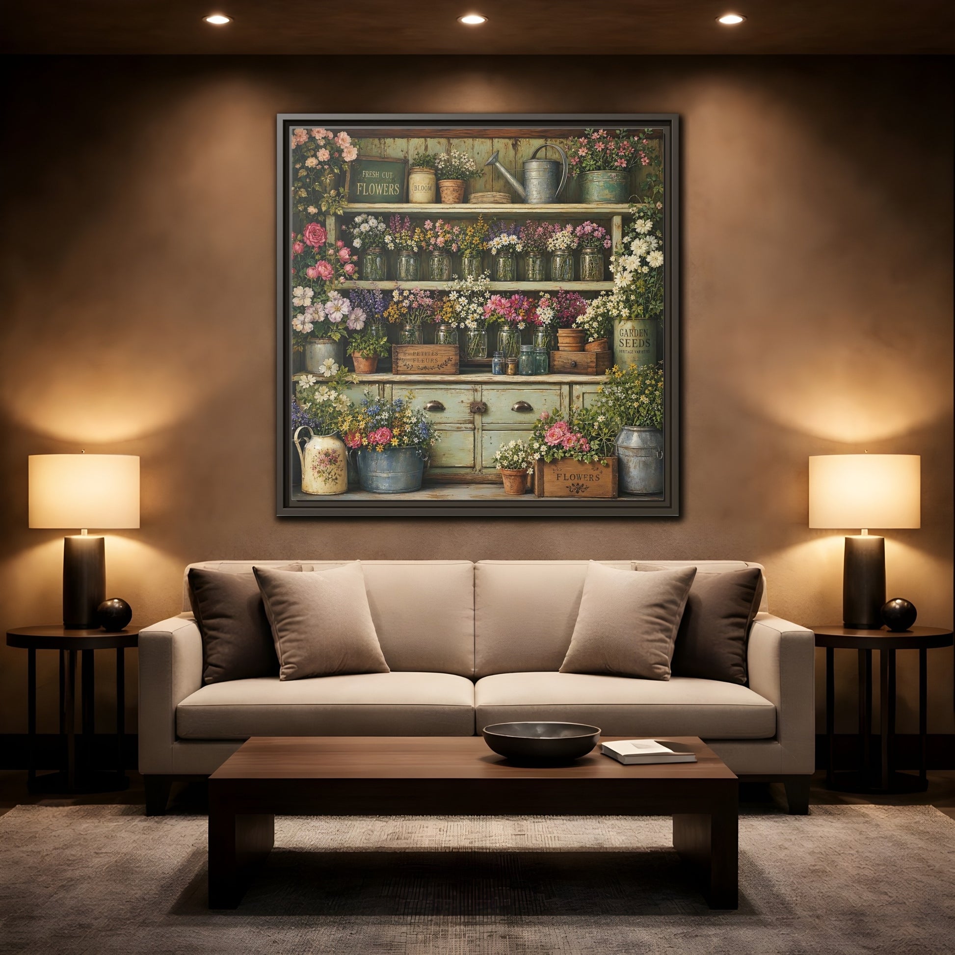 Mockup 2. Earthy Organic Realism Old Potting Shed With Flower Jars shown as stretched canvas wall art