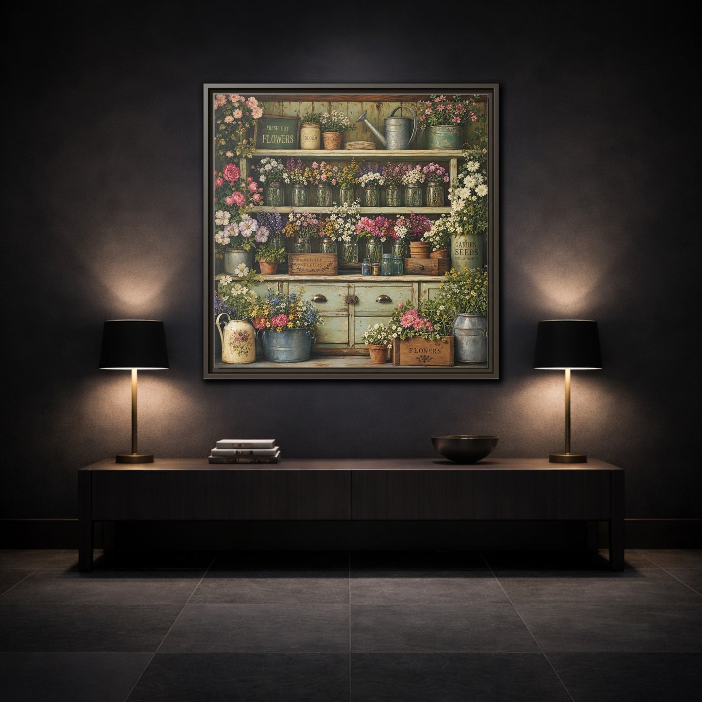 Mockup 3. Earthy Organic Realism Old Potting Shed With Flower Jars shown as stretched canvas wall art