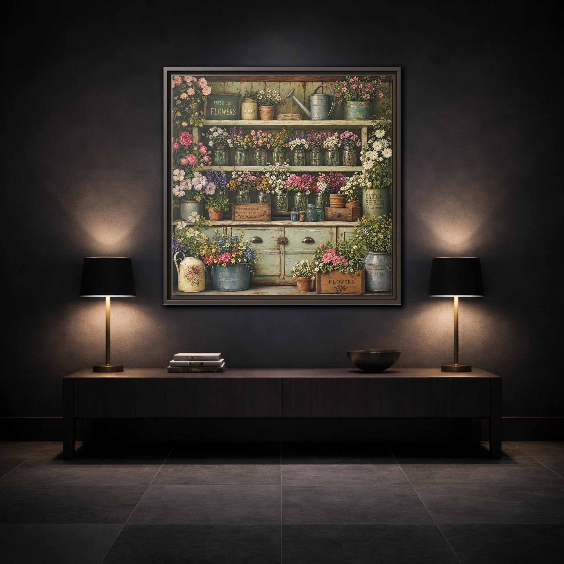 Mockup 3. Earthy Organic Realism Old Potting Shed With Flower Jars shown as stretched canvas wall art
