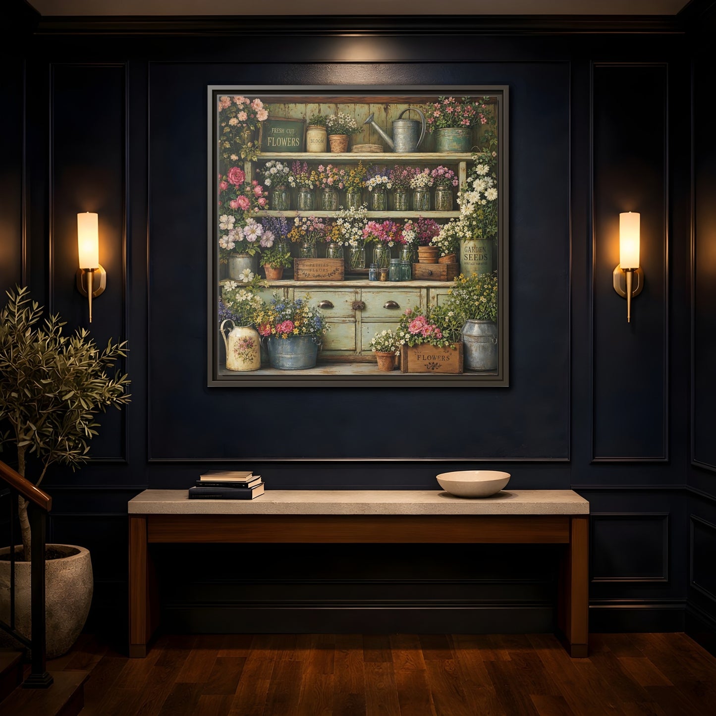 Mockup 4. Earthy Organic Realism Old Potting Shed With Flower Jars shown as stretched canvas wall art
