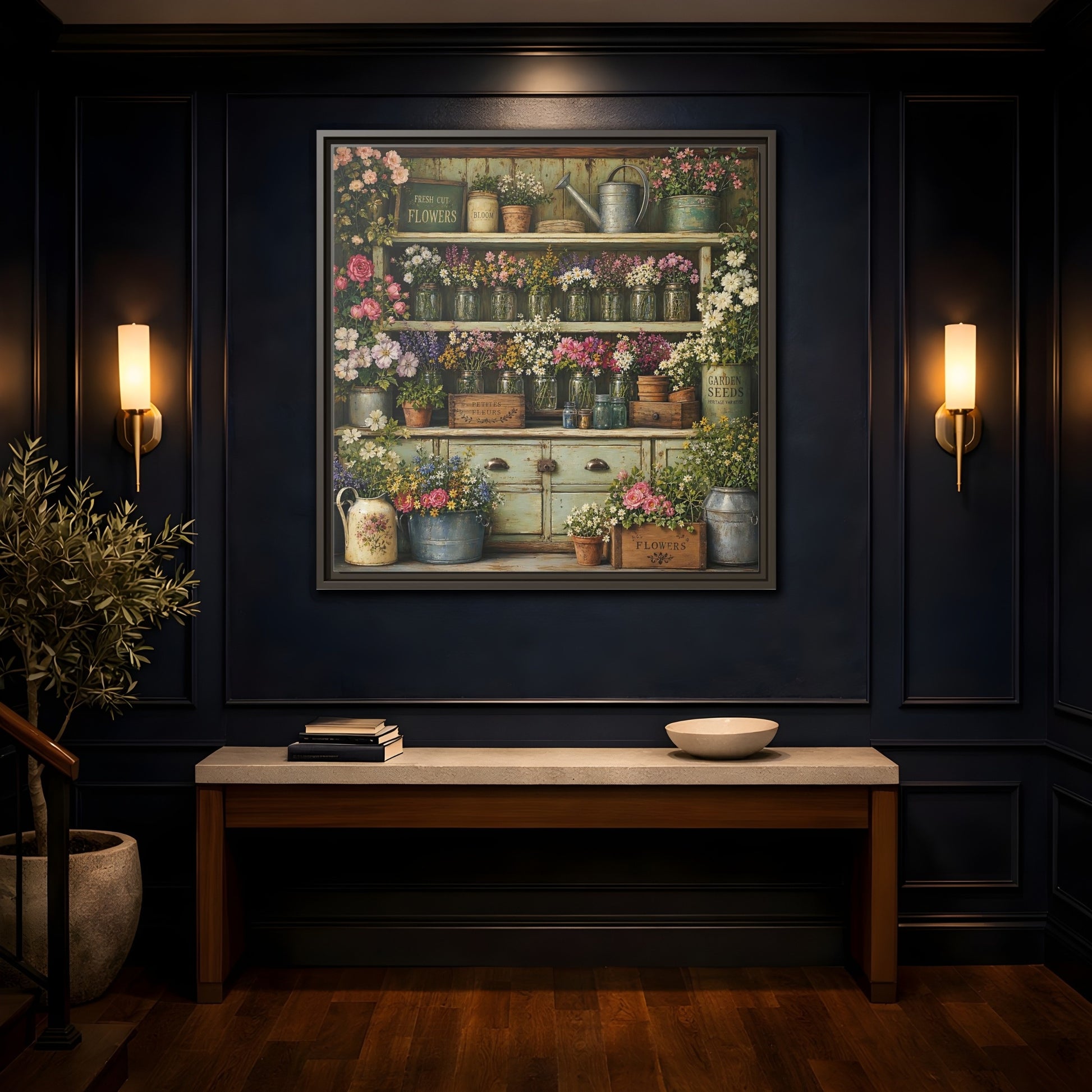 Mockup 4. Earthy Organic Realism Old Potting Shed With Flower Jars shown as stretched canvas wall art