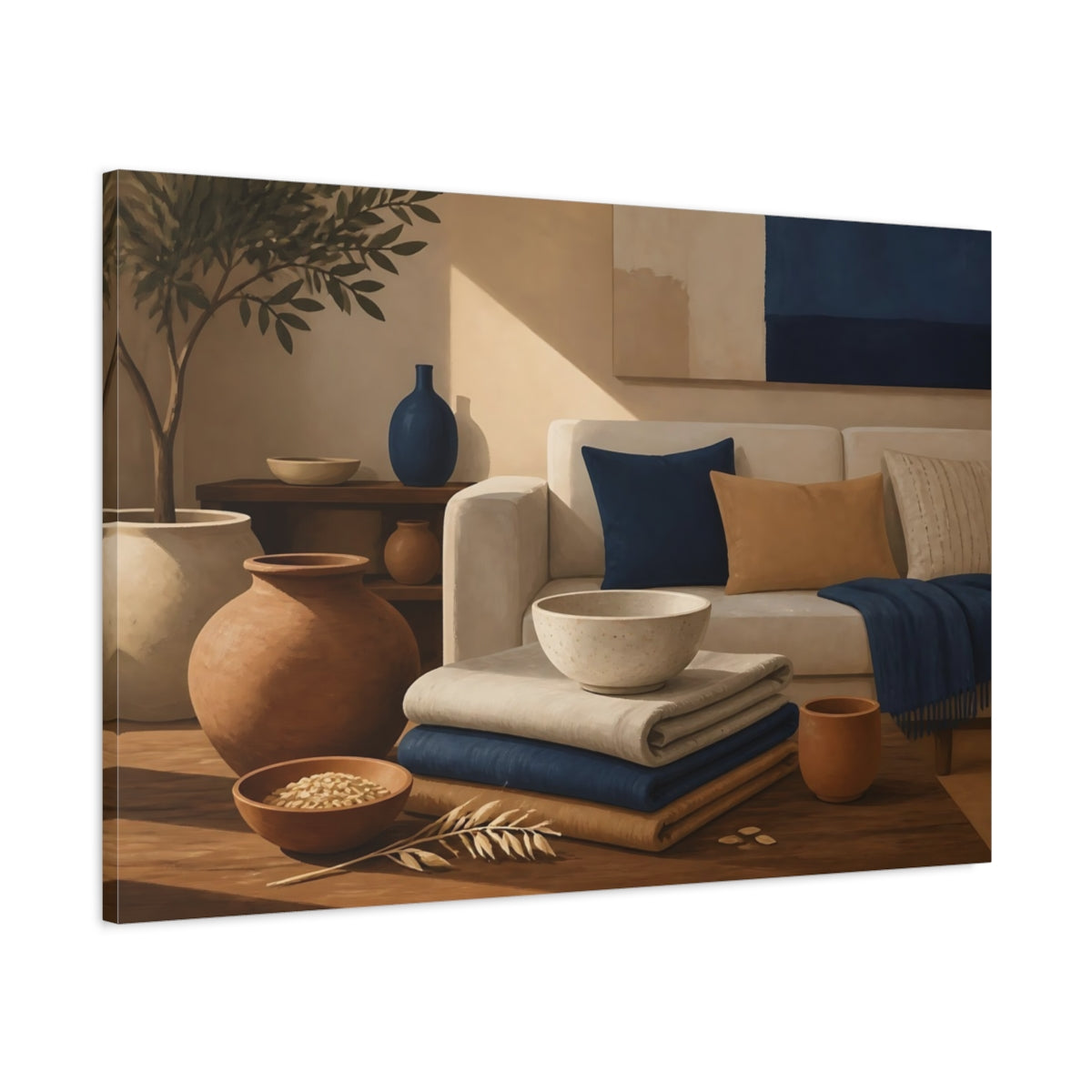 Main Mockup. Earthy Pottery & Textiles shown as canvas print
